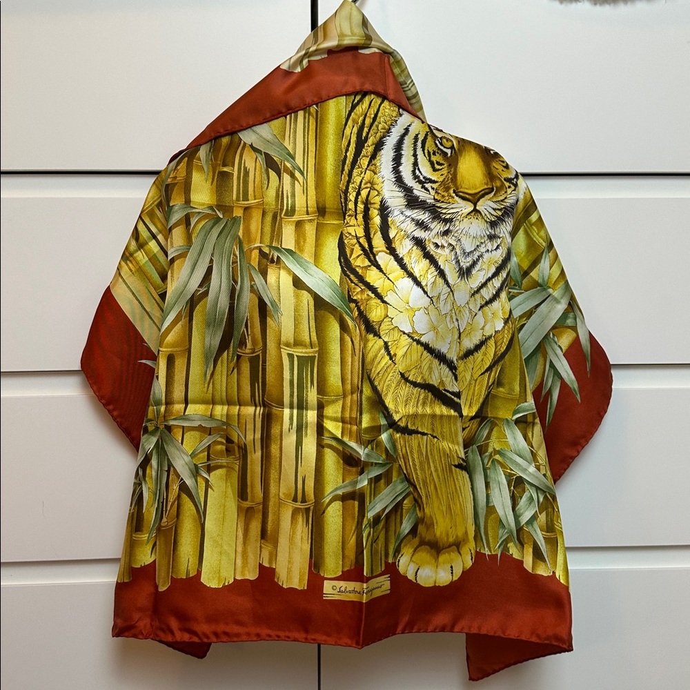 Salvatore Ferragamo Vintage Silk Scarf Tiger Jungle Bamboo Rust Border 34x34